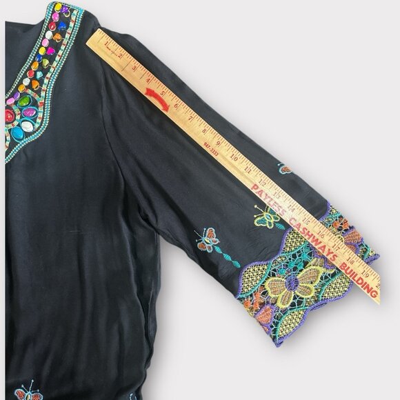 Womens Size 1X Black Floral Embroidered Beaded Dopamine‎ Dressing Hippie Retro - Picture 6 of 10